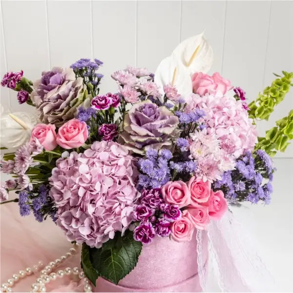 hydrangea revival rose arrangement close up view