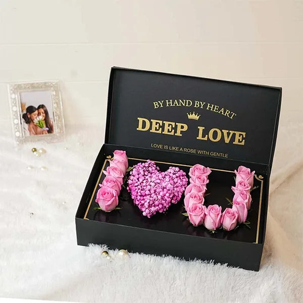 I love you pink rose arrangement in black box front view