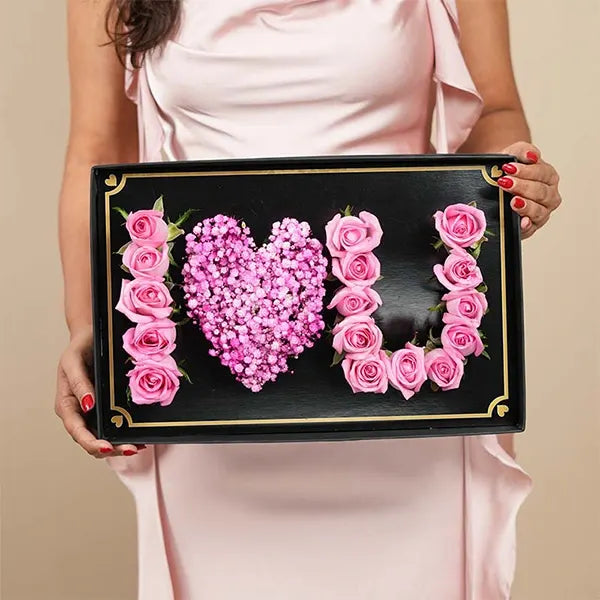I love you pink rose arrangement in black box lifestyle view