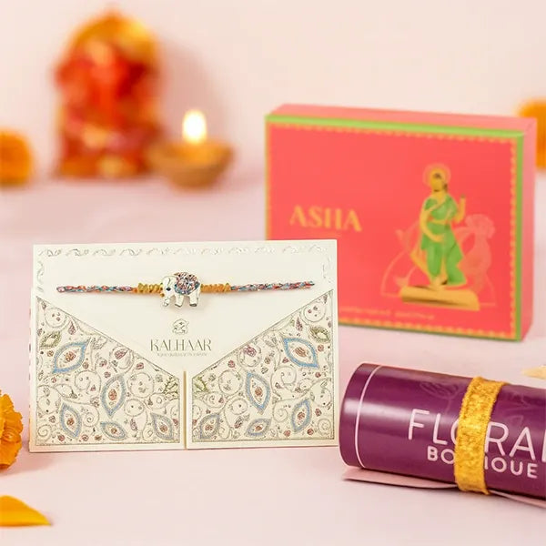 lucky elephant rakhi with asha khoya and kaju sweet mix 250g front view