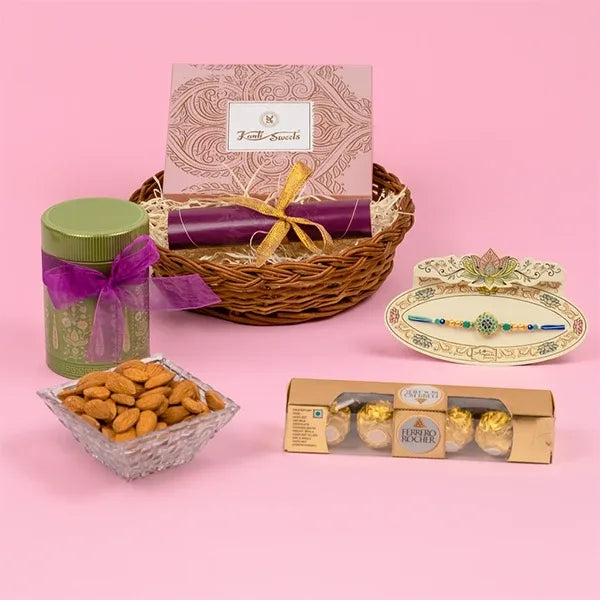 luxurious rakhi hamper aqua jewel rakhi ferrero kaju katli almonds front view