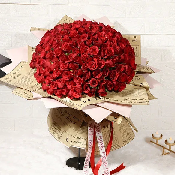 massive 200 red roses bouquet wrapped front view