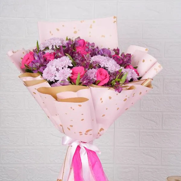 mix flowers bouquet of dark pink roses pink mums alstroemeria front view 2