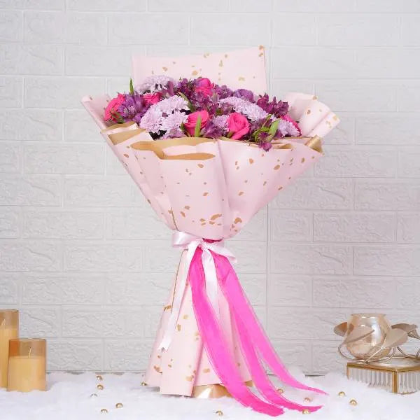 mix flowers bouquet of dark pink roses pink mums alstroemeria front view