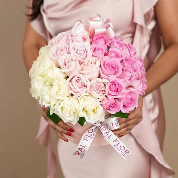 mixed roses in pink box closeup view 2