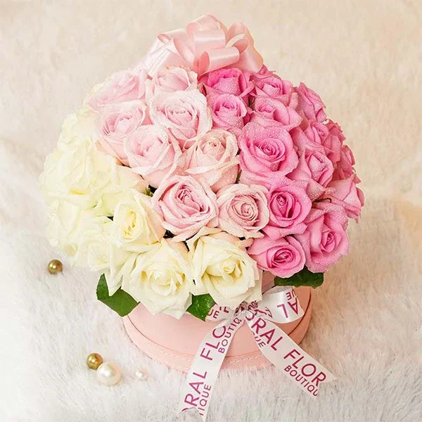 mixed roses in pink box closeup view