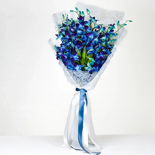 orchid bouquet with white wrapping and ribbon featuring with jamaica close up view