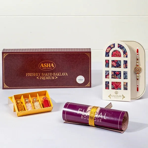 ornate bloom rakhi with asha baklava & roli chawal front view