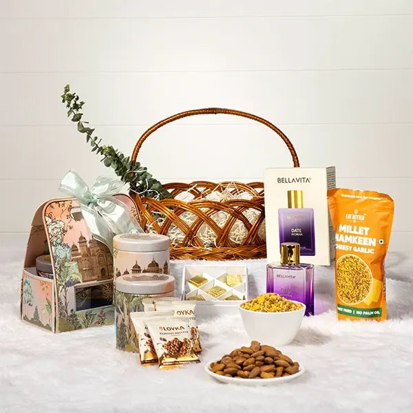 perfume gift hamper for her with chocolates almonds cookies front view  2