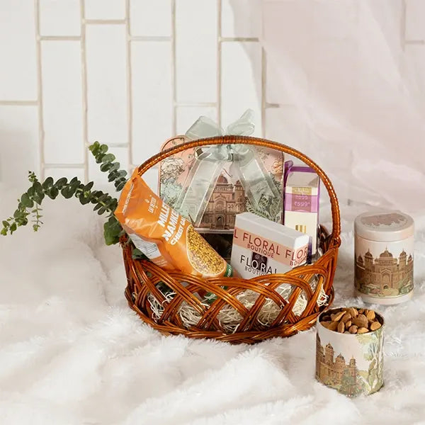 perfume gift hamper for her with chocolates almonds cookies front view 4