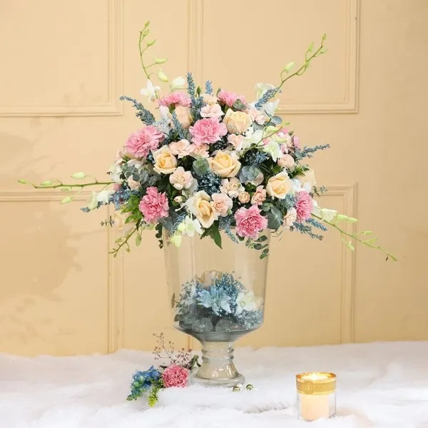 pink carnation and peach rose in glass vase front view 2