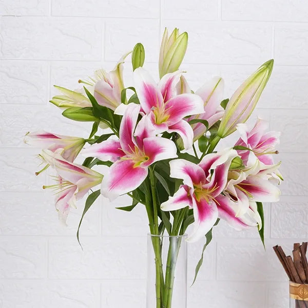 5 oriental lilies in long glass jar close up view