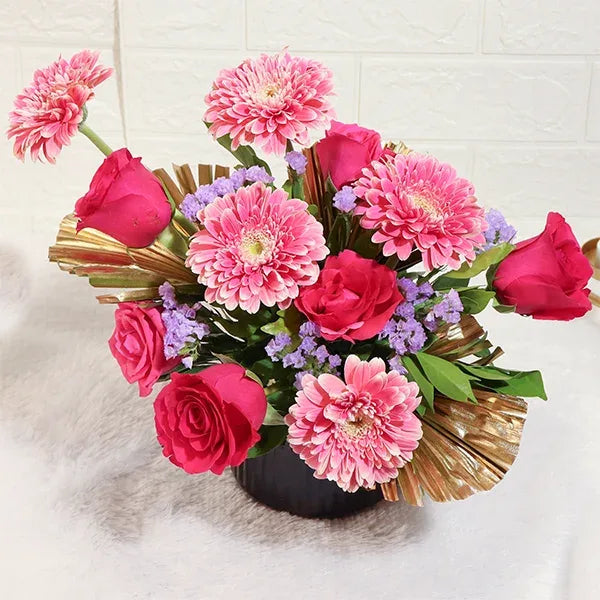 pink rose and gerbera floral display pot arrangement top view