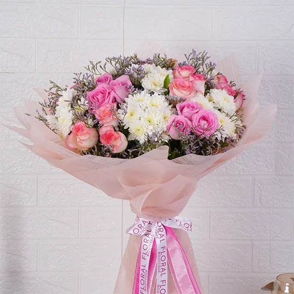 pink roses bouquet with white mums front view 2