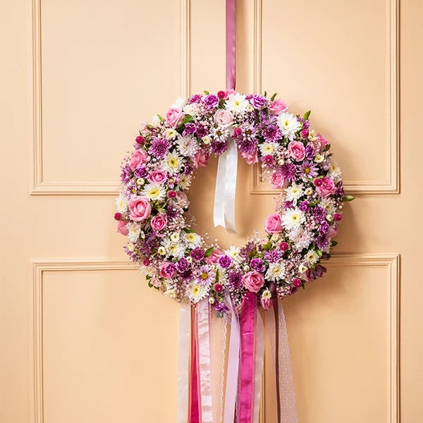 purple and pink blossom wreath front view 2