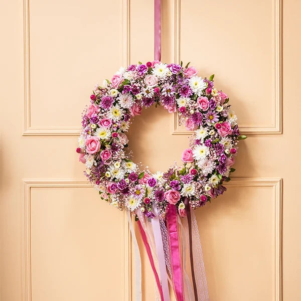 purple and pink blossom wreath front view