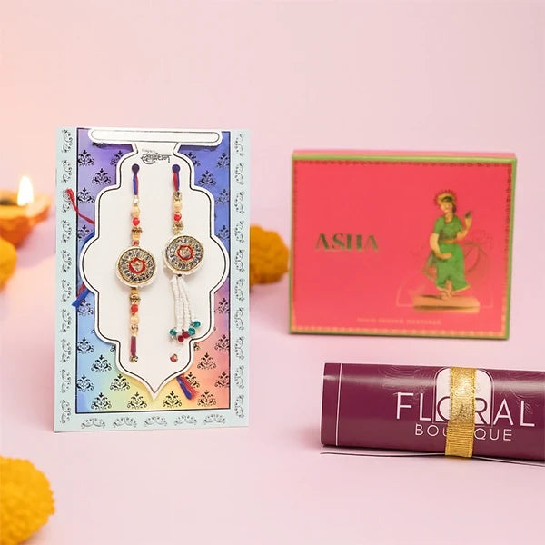 rajasthani rakhi lumba set bhaiya bhabhi rakhi with asha khoya and kaju sweet mix 250g front view