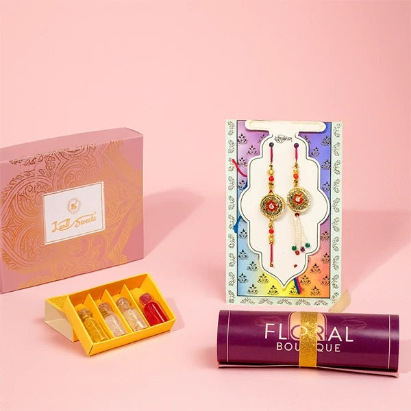 rajasthani rakhi lumba set with kanti kaju katli roli chawal front view