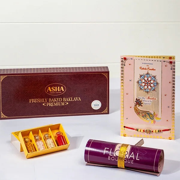 rakhi greeting card set with asha baklava front view