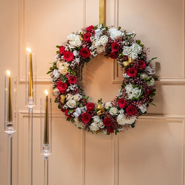 red and white rose harmony wreath front view