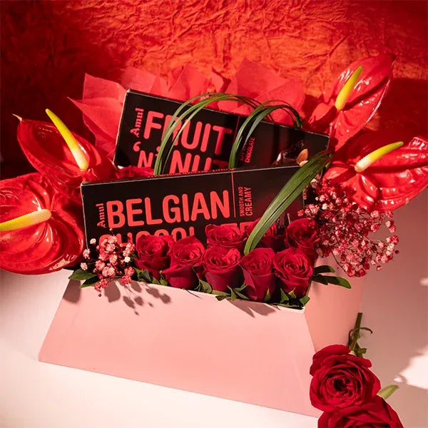 red roses anthurium chocolate in a box front view