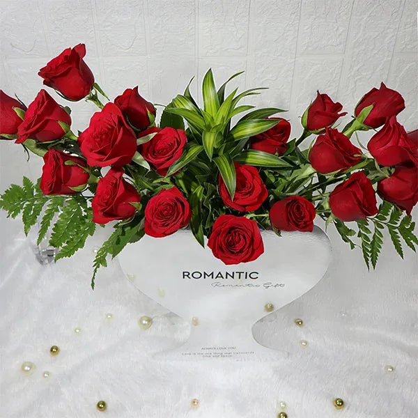20 red roses in a heart shape box front view 2