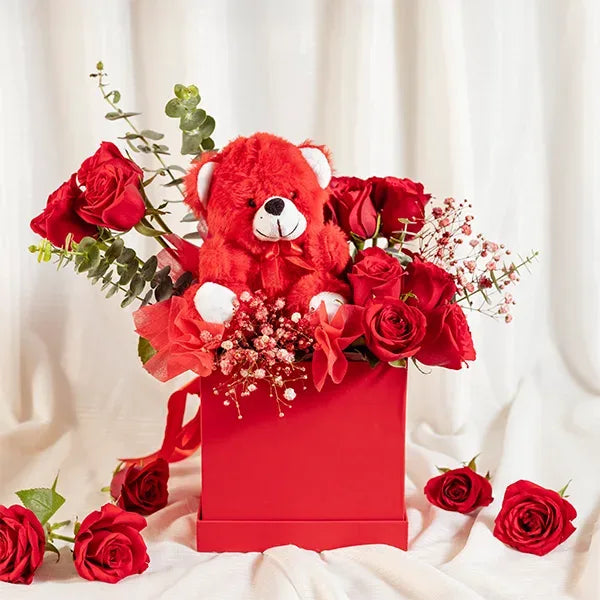 flower box arrangement of red roses with gypsophilia front view 2