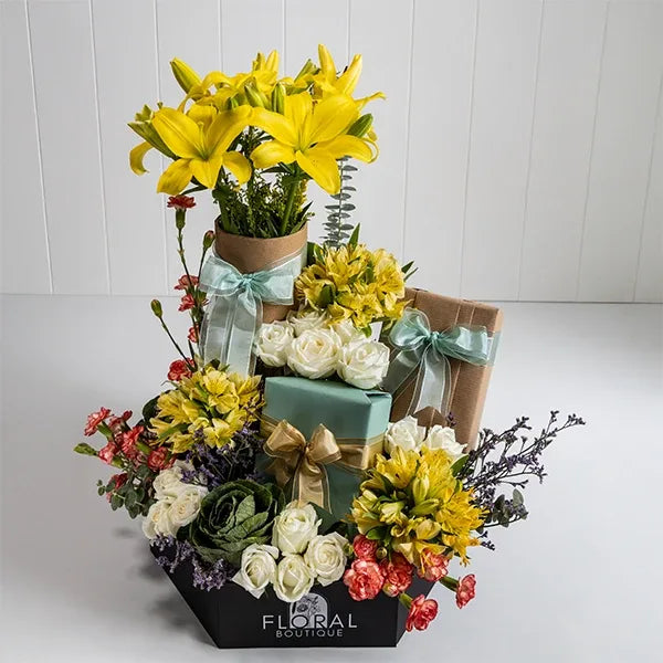 the golden hexagon bloom with white roses handmade chocolates front view 2