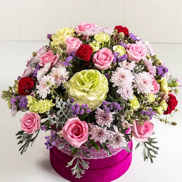 revival roses bracika white pink chrysanthemums in a box arrangement top view