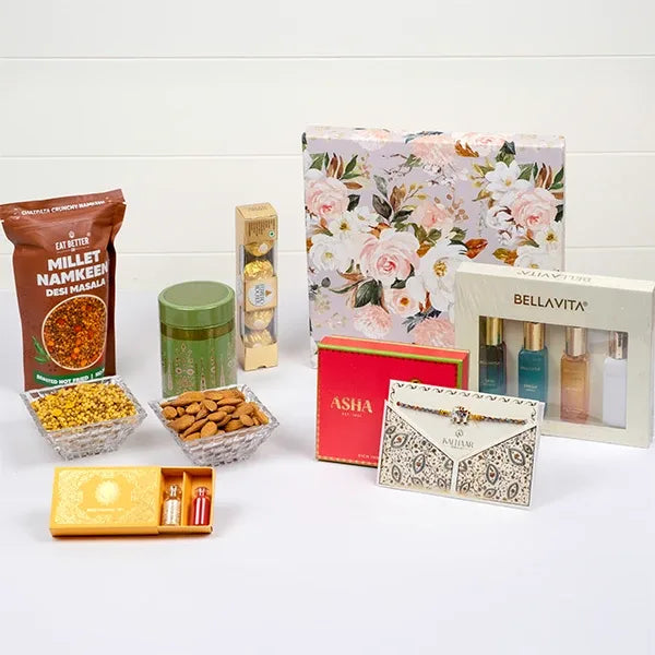 the ultimate rakhi grand hamper elephant rakhi perfumes sweets front view
