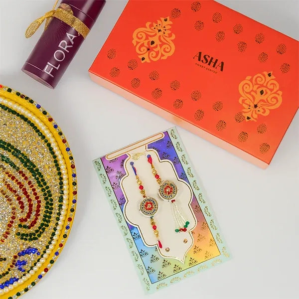 traditional rajasthani rakhi lumba set with asha sweets 500g front view