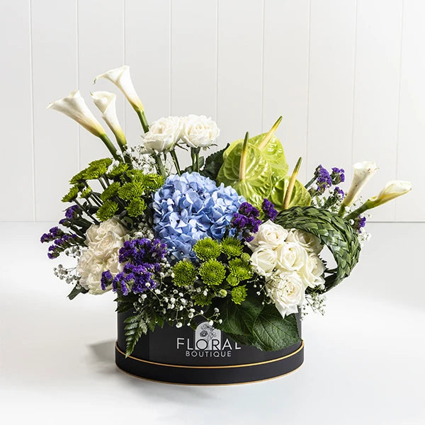 box arrangement of white calla lily white rose anthurium green front view 2