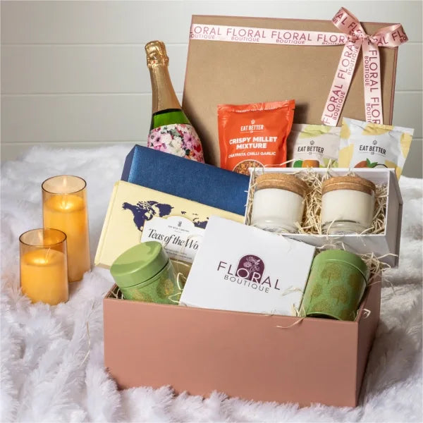 leather hamper arrangement avenue tie with cufflinks scented candle eat better snacks