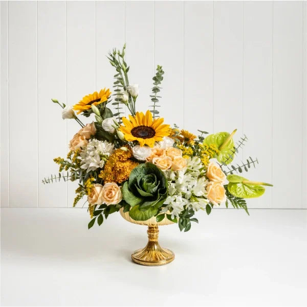 vase arrangement of peach rose sunflower orange chrysanthemum front view 2