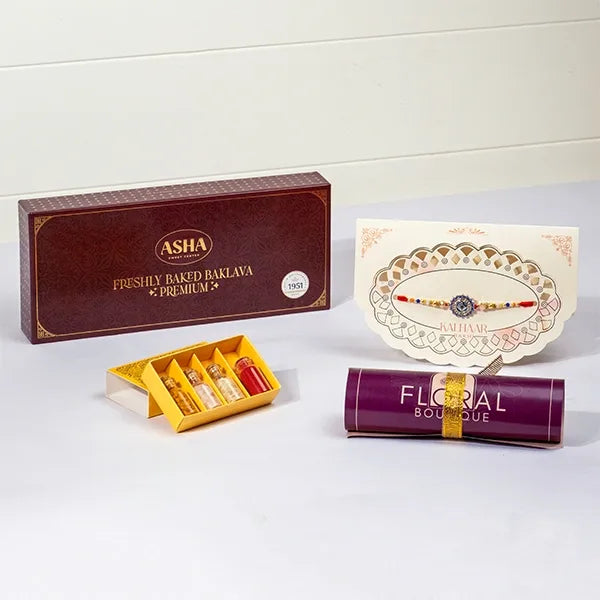 vibrant medallion rakhi with asha baklava roli chawal front view