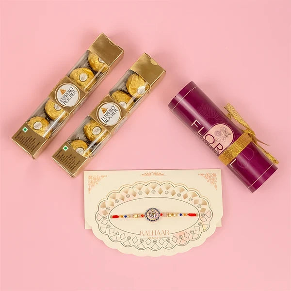vibrant medallion rakhi with ferrero rocher 8 pcs top view