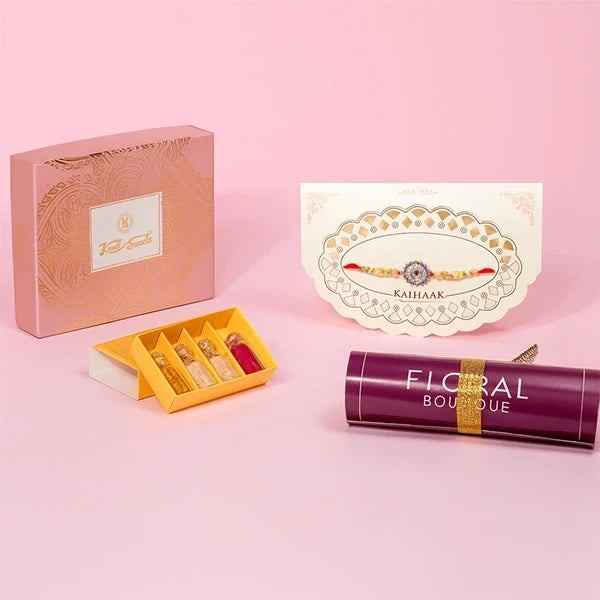 vibrant medallion rakhi with kanti kaju katli and roli chawal front view