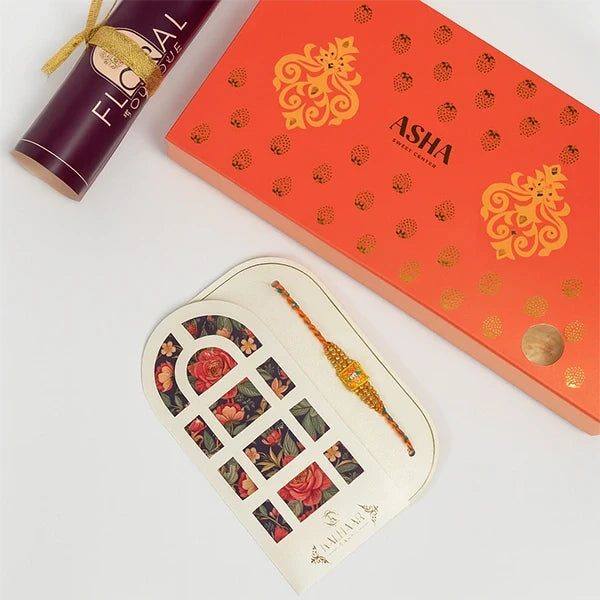 vibrant pearl square rakhi with asha sweets 500g front view