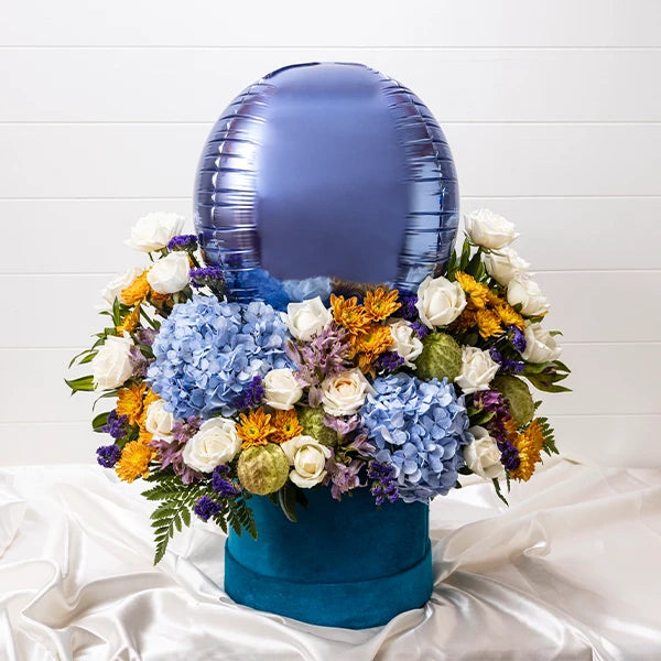 mix flower bouquet of white roses with chrysanthemum blue hydrangea front view