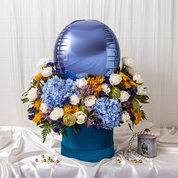 mix flower bouquet of white roses with chrysanthemum blue hydrangea front view