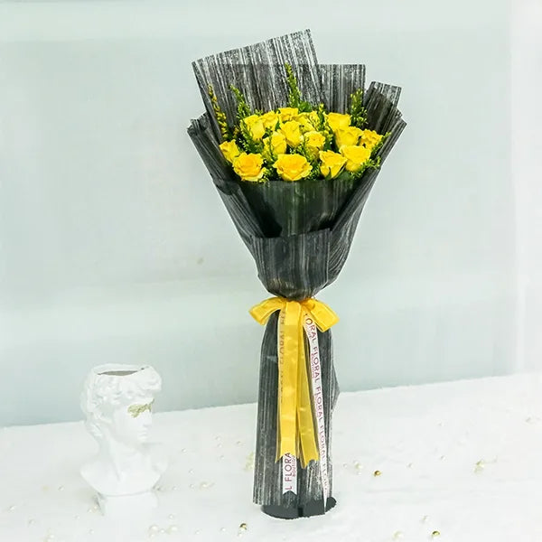 yellow rose bouquet with black wrap front view 2
