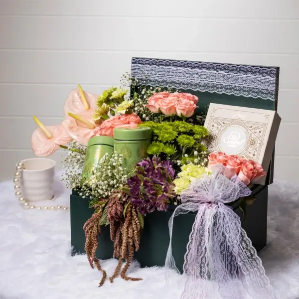 Luxurious Delight - Pink and Green Floral and Gourmet Gift Box in Green Square Box