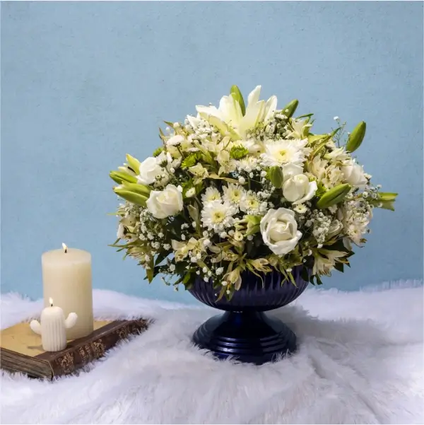 White Harmony Floral Arrangement in Blue Metal Vase- Discover the Essence of Elegance and Purity