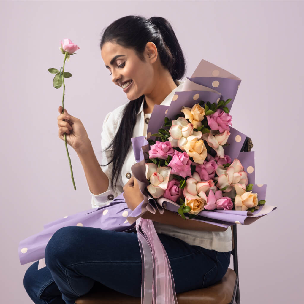 16 Mixed Roses Enchanting Pastel Rose Bouquet With Polka Dot Wraps