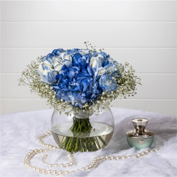 Blue Serenity Floral Arrangement in Fish Bowl Vase - Embrace Tranquility and Elegance